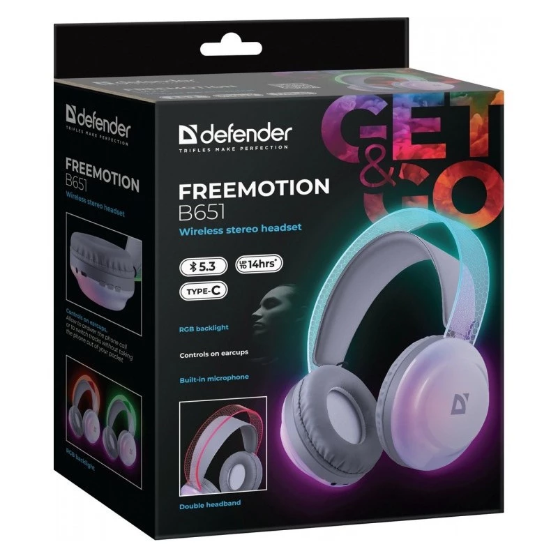 Defender FreeMotion B651 63651 cuffie wireless on-ear, Bluetooth 5.3, retroilluminazione RGB, 20–20000 Hz, 105 dB, USB-C, AUX, bianche