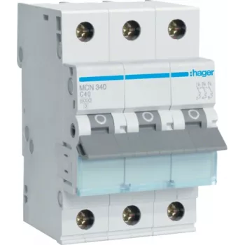 Hager MCN340. Numero di poli: 3P. Frequenza di rete: 50/60 Hz, corrente nominale: 40 A (MCN340)