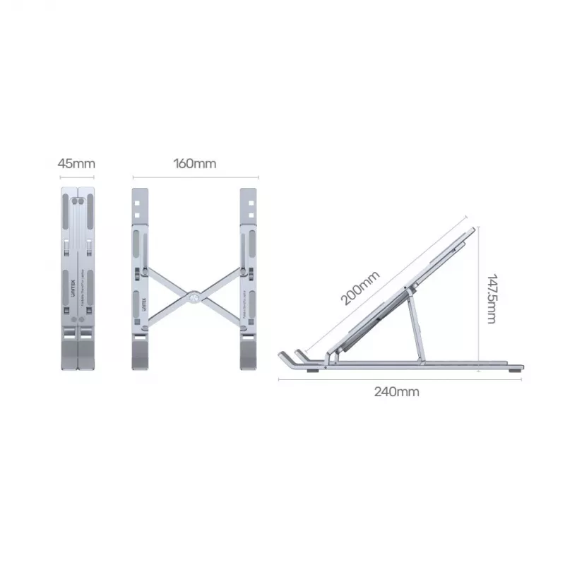 Unitek OT155SL supporto pieghevole per laptop, alluminio, argento