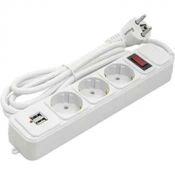 Prolunga per uso domestico 1,8 m, 3 prese + 2 USB, con interruttore
