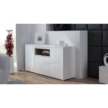 Sideboard Cama Meble VIVA 150 — bianco/bianco lucido e rovere sonoma, 3 ante, 5 ripiani, 1500×450×800 mm