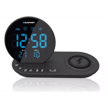 Sveglia radio FM PLL/ALARM/USB/CR85BK CHARGE/ricarica wireless/interni/esterni temperatura/nero