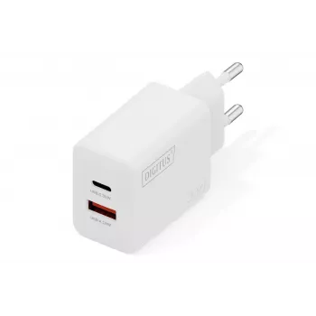 Caricabatterie USB GaN AC da interno DIGITUS DA-10301 — 30W, 1× USB-C, 1× USB-A, 100–240V, bianco