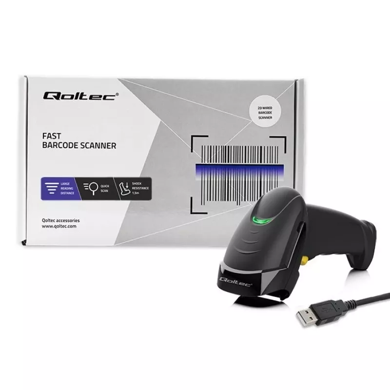 Qoltec 50853 lettore laser di codici a barre portatile 1D/2D, USB cablato, cavo da 1,65 m, 97x65x167 mm, 105 g, nero