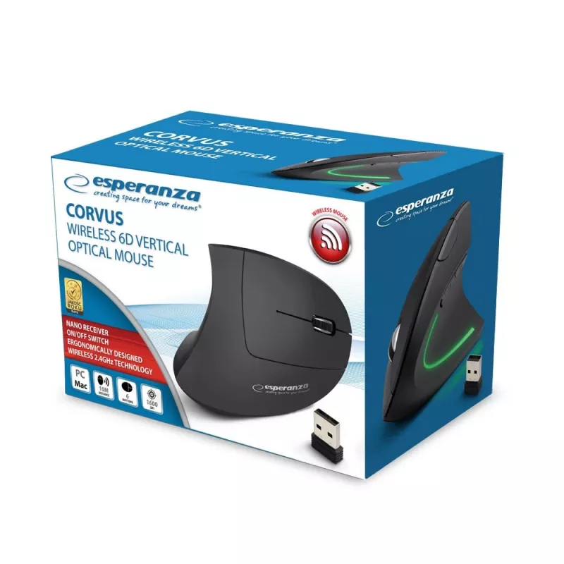 Esperanza EM133 Corvus mouse verticale wireless, 2,4 GHz, 1600 DPI