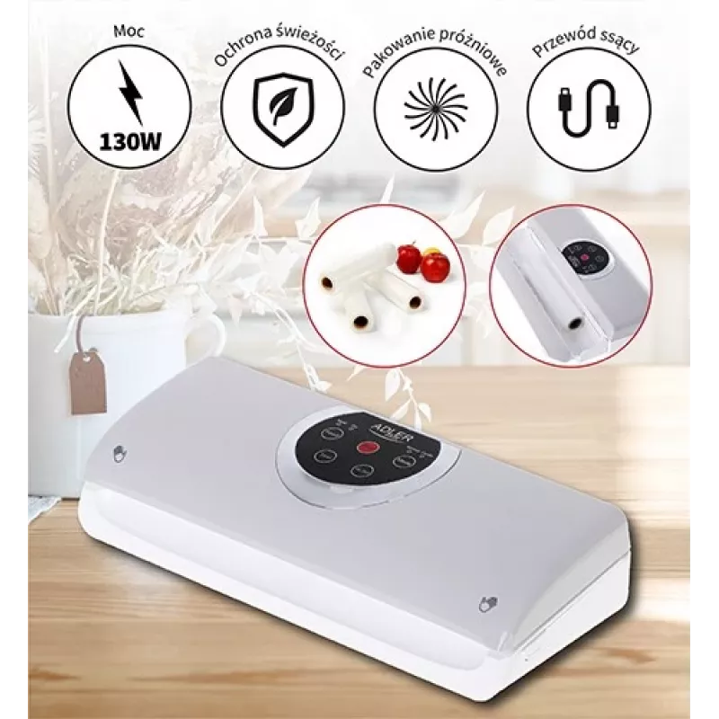 Sottovuoto Adler AD 4503, 130 W, vuoto da -750 a -800 mbar, connettore Type-C, grigio/bianco