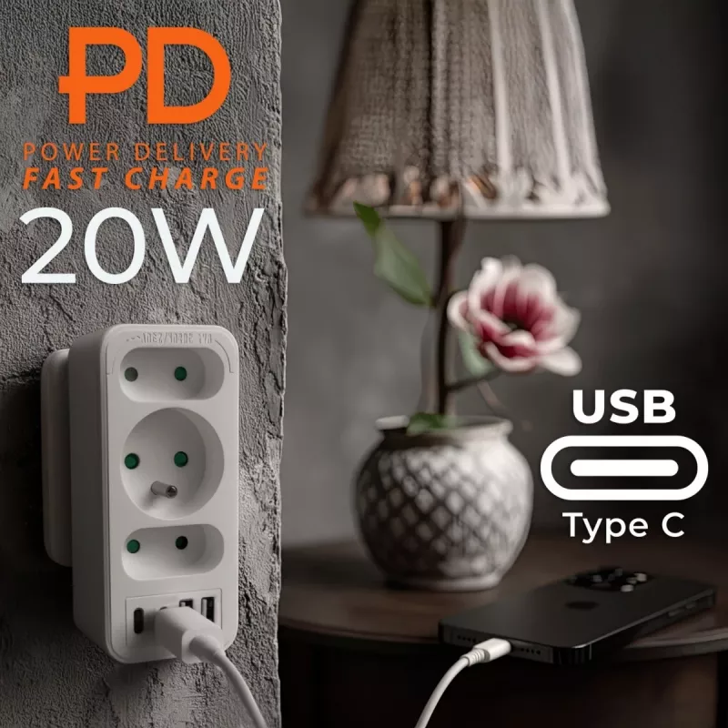 Power splitter MACLEAN MCE248 F/W — 3 prese AC (1×16A, 2×6A) + 4×USB (2×A, 2×C PD 20W), spina EU, bianco