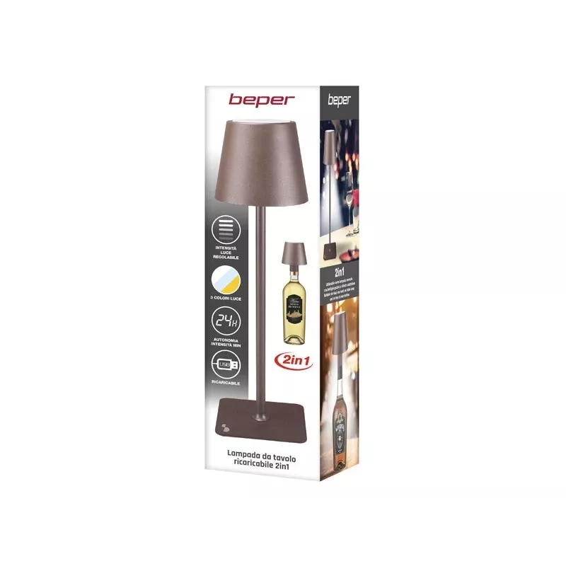 Beper P201UTP113 lampada da tavolo ricaricabile, controllo touch, 2 W, 2000 mAh, acciaio Corten