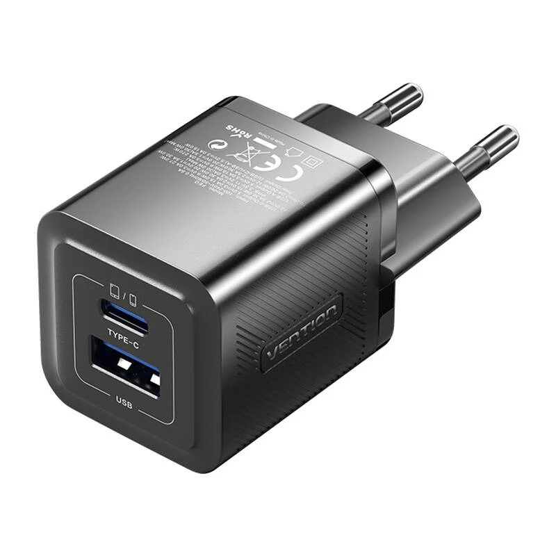 Caricabatterie rapido AC da interno Vention FEQB0-EU 30W, 1x USB-C, nero — per smartphone, tablet, smartwatch, cuffie