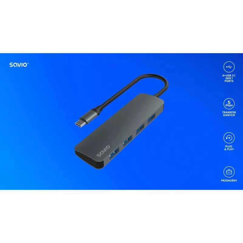 Hub USB SAVIO AK-54 — 4 x USB-A (USB 3.2 Gen 1), host USB-C, nero