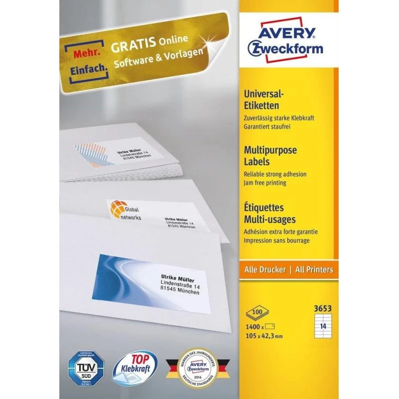 Avery 3653 etichetta adesiva rettangolare permanente bianco 1400 pz.