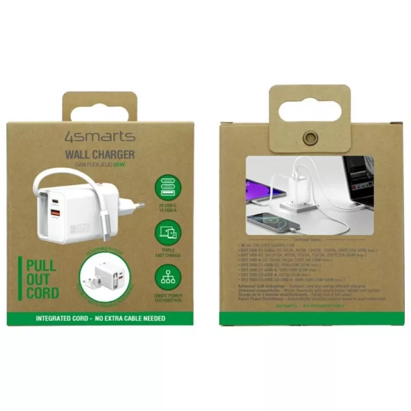 4smarts 541065 GaN Flex Jojo 65W caricabatterie da parete, 2x USB-C PD + USB-A QC 3.0, cavo USB-C retrattile, 100-240V, bianco