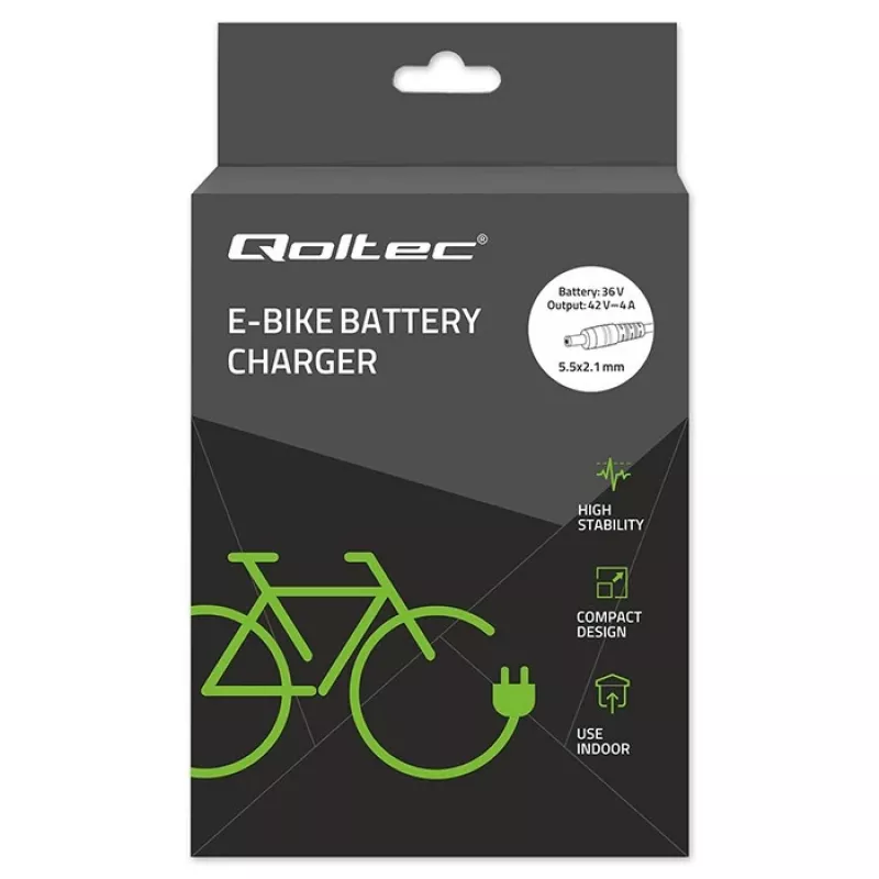 Caricabatterie QOLTEC 36V–42V 4A per e-bike, connettore DC 5,5×2,1 mm