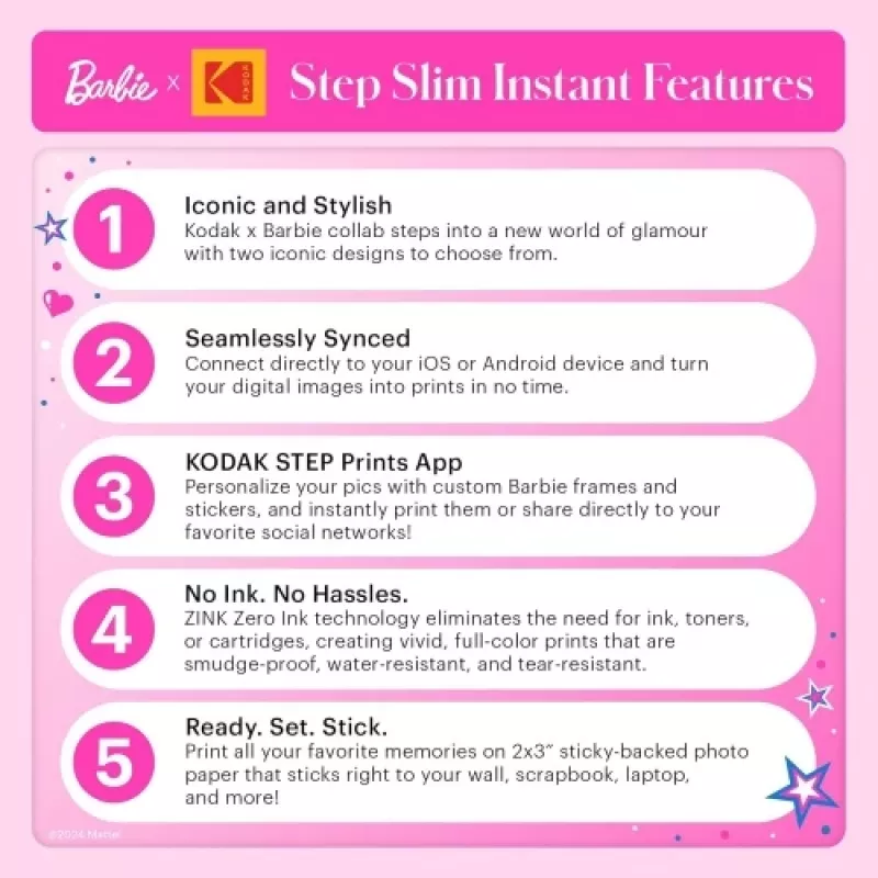 Barbie x Kodak STEP Slim stampante fotografica mobile istantanea Colour ZINK 2x3'' 1ppm, Bluetooth, rosa