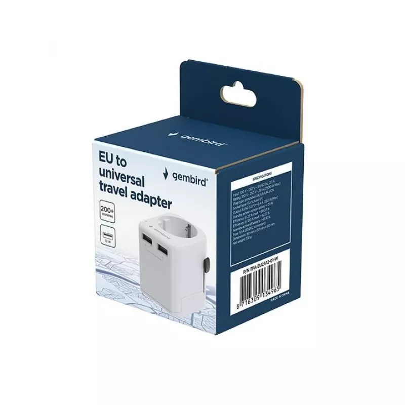 Adattatore da viaggio universale GEMBIRD TPA-EU2A12-01-W alimentatore USB 12W per prese internazionali