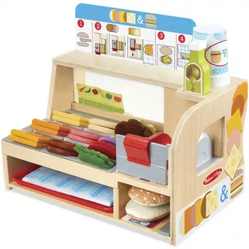 Melissa & Doug banco panini in legno con affettatrice – set di 56 pezzi di cibo giocattolo – certificato FSC