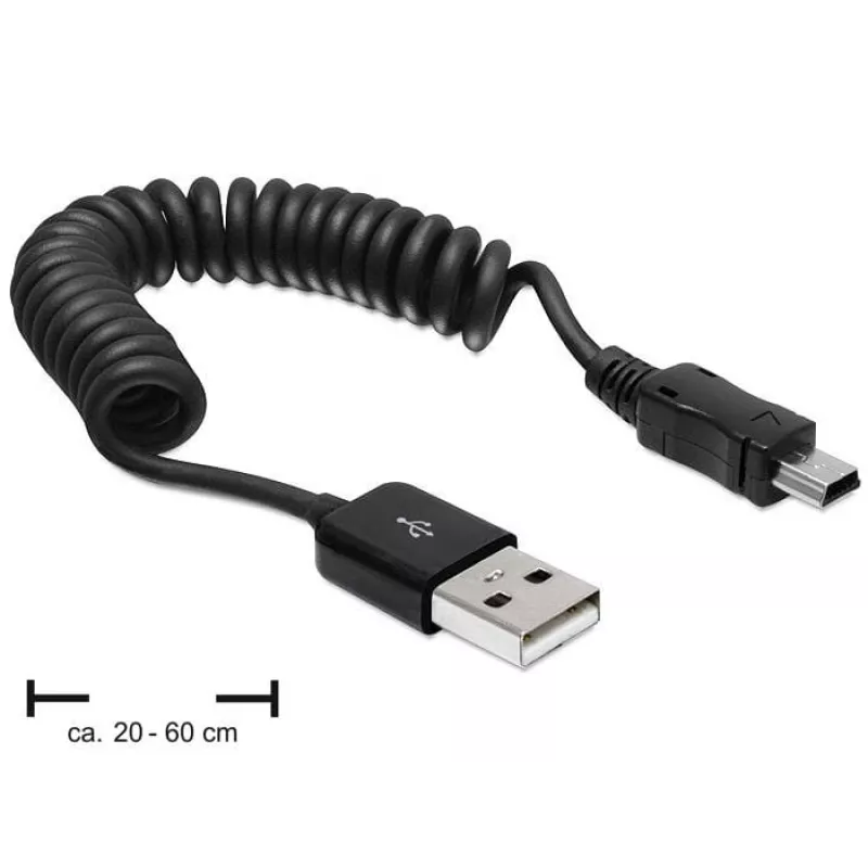 DeLOCK 83164 Cavo spiralato USB 2.0, da USB-A a Mini-USB B, 0,6 m, nero