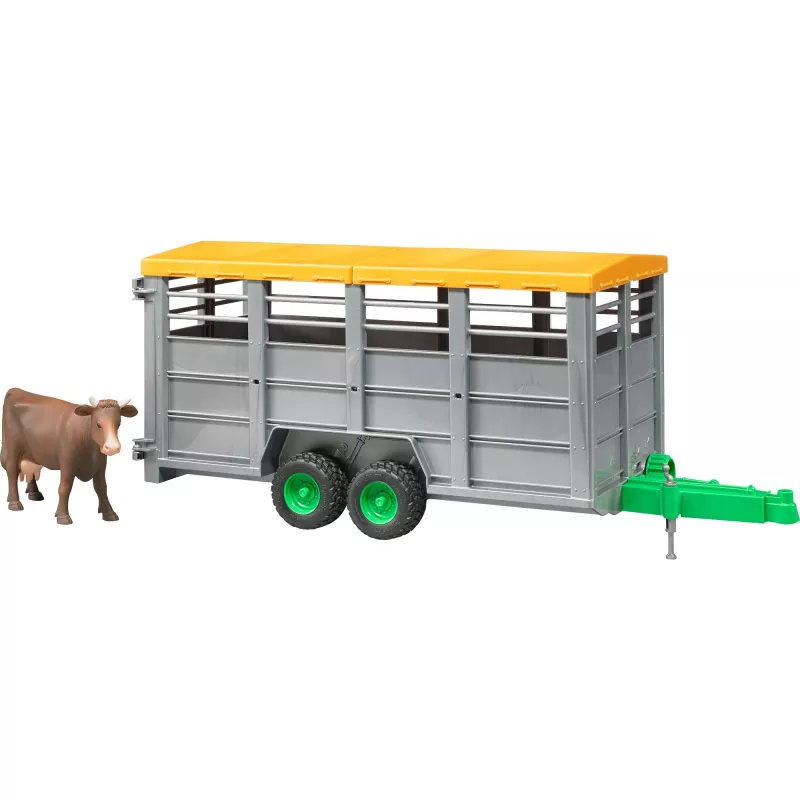 Rimorchio per animali con 1 modello di mucca accessorio, BRUDER, scala 1:16, plastica, verde/grigio
