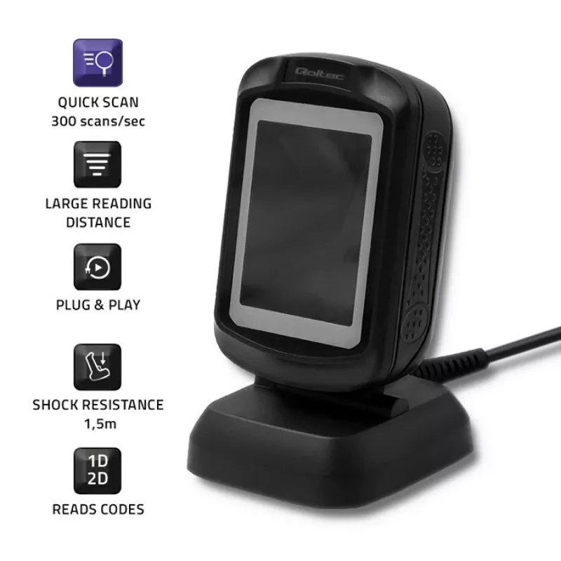 Lettore di codici a barre fisso 1D/2D QOLTEC 50864, sensore LED, USB (con cavo), nero, 145×85×80 mm