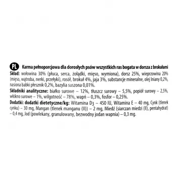 Cibo umido per cani dolina noteci Premium — merluzzo e broccoli, 800 g, cani adulti, senza cereali, senza glutine