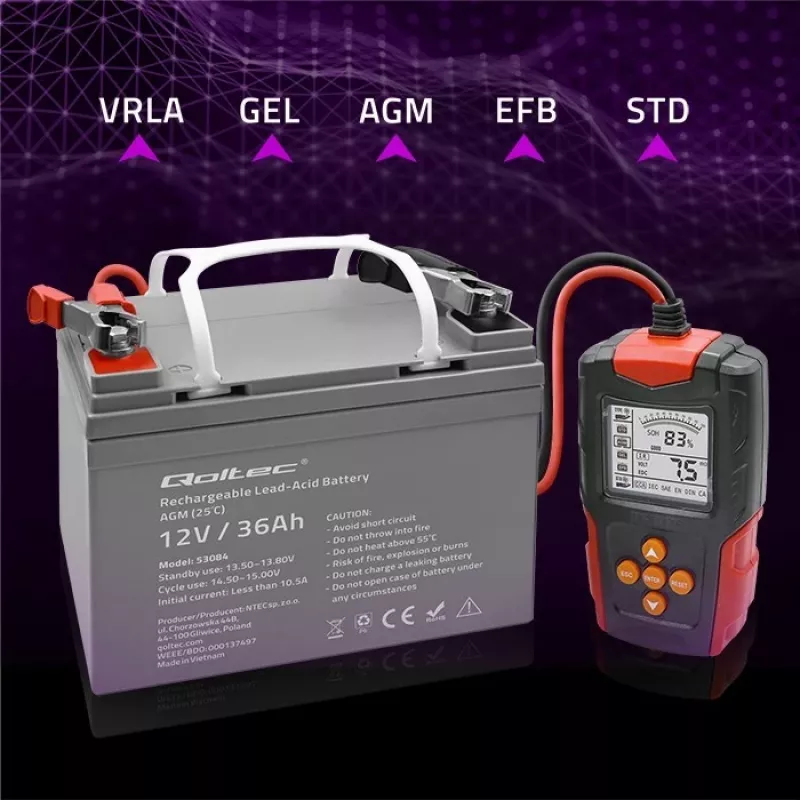Qoltec 52484 tester digitale LCD per batterie | 12V | 24V | 3Ah-200Ah