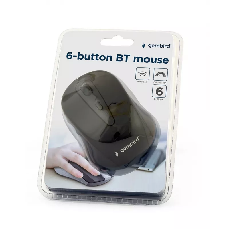 Mouse ottico wireless Bluetooth GEMBIRD MUSWB2 — per destrimani, 1600 DPI, 6 tasti, nero/grigio, batterie AAA