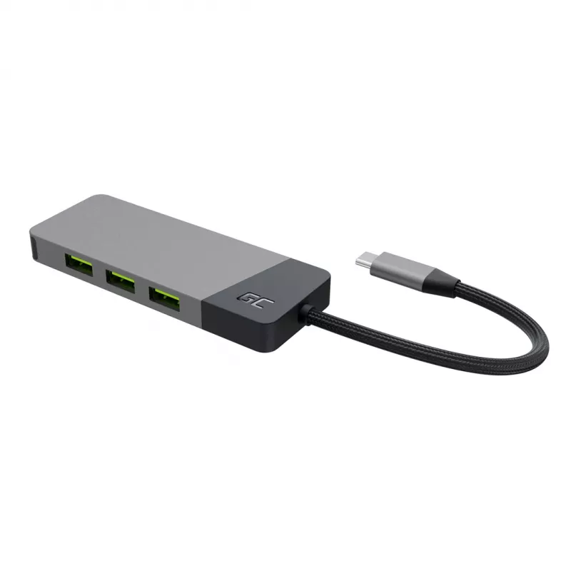Hub USB Type-C Green Cell HUBGC01 — 7 porte: 3×USB-A 3.2 Gen 1, 1×USB-C 3.2 Gen 1, HDMI, lettore schede microSD+SD — argento