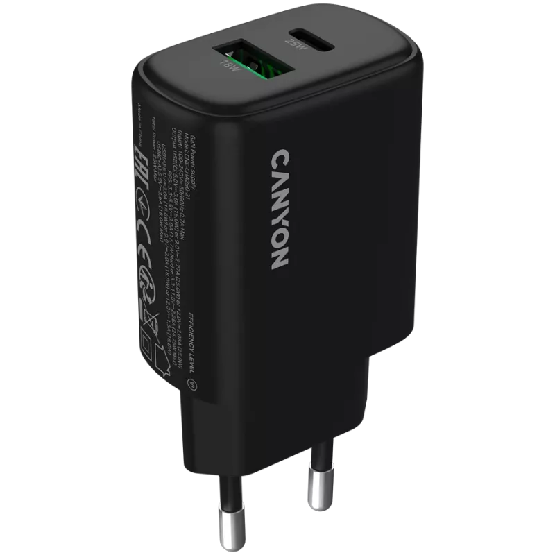 CANYON caricabatterie OnCharge 250 25W 1xPD 1xQC EU nero