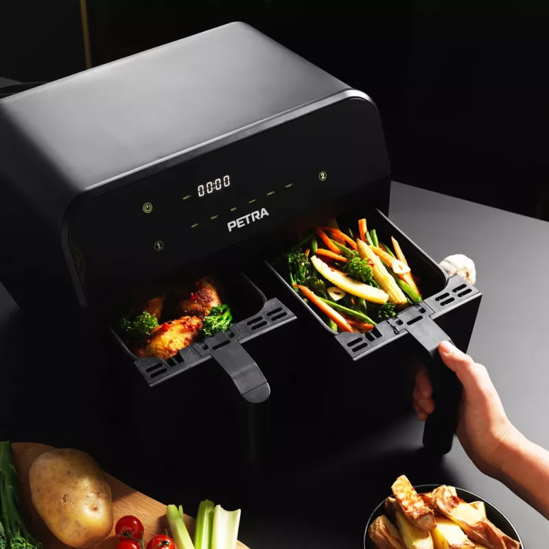 Friggitrice ad aria Petra PT4750BLKVDEEU7, doppia camera, capacità 3,7 L, nero