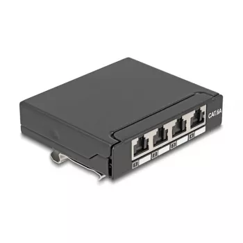 Patch panel DELOCK mini desktop RJ45 4 porte Cat.6A schermato nero, metallo, 90×22×93 mm