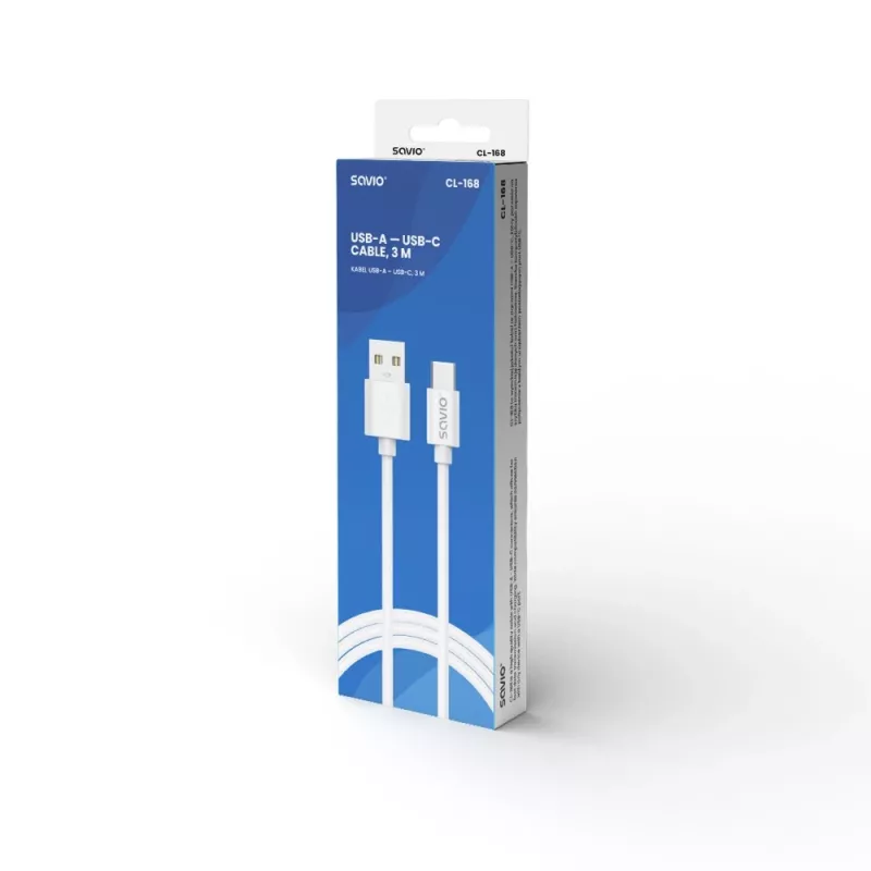 Cavo USB 2.0 SAVIO CL-168, USB A (connettore maschio) a USB C (connettore maschio), 3 m, bianco
