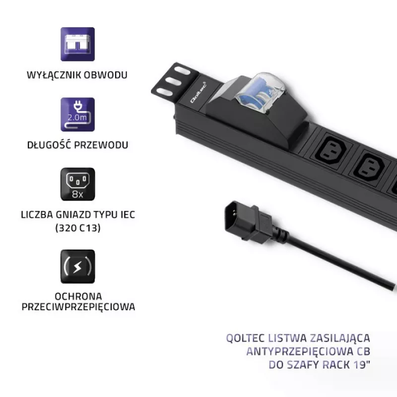 Qoltec 53999 Multipresa PDU rack da 19 pollici, 1U, 8x IEC C13, 10 A, con interruttore automatico, 2 m