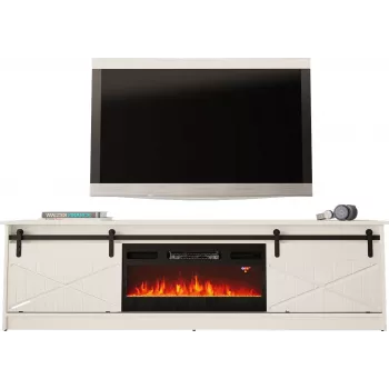 Mobile TV con camino elettrico Cama Meble GRANERO modello RTV GRANERO + KOM B/B, 200 x 56,7 x 35 cm, bianco/bianco lucido, 2 ante, 2 ripiani, MDF/truciolare