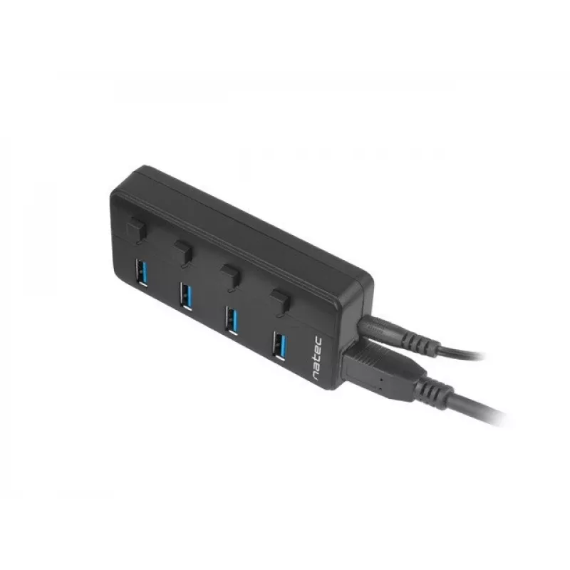 Natec Mantis 2 NHU-1557 hub USB 3.0 a 4 porte, ingresso USB Type-B, interruttori on/off, alimentatore, nero
