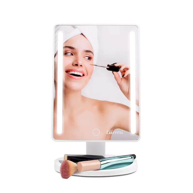 Specchio da trucco da appoggio Girmi BE04 – rettangolare con ingrandimento 1x, LED bianco, USB/4×AA, rotazione 180°