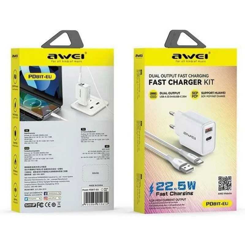 Alimentatore Awei PD81T-EU 22,5W con cavo USB e USB-C, bianco, GaN