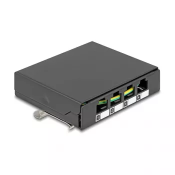 Copertura cieca DELOCK 4 porte per moduli Keystone RJ, nero, metallo – montaggio su tavolo/parete/guida DIN