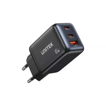 Caricabatterie da parete Unitek GAN 65W con 2x USB-C e 1x USB-A, Power Delivery 3.0