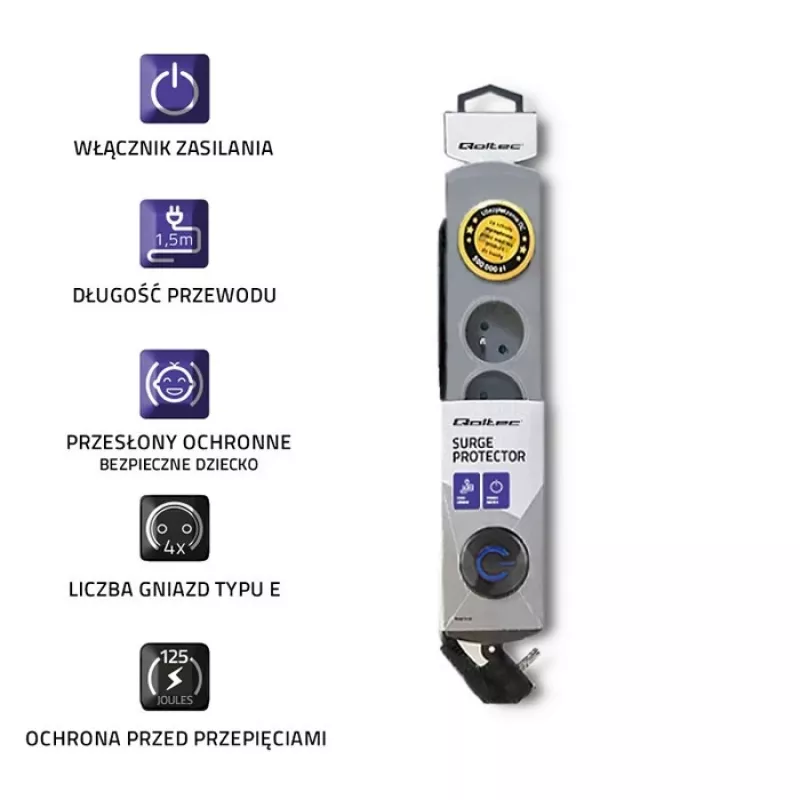 Protezione da sovratensione Qoltec 50163 grigio 4 prese AC 230V 1,5m