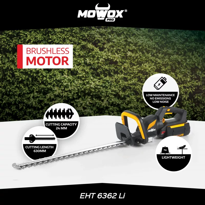 Tagliasiepi a batteria MoWox EHT 6362 Li — portatile, impugnatura girevole, a batteria