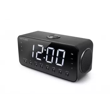 Radiosveglia Muse M-192 CR — orologio digitale, sintonizzatore FM, display LED 1,8 pollici, legno nero, AC 100–240V, backup AAA