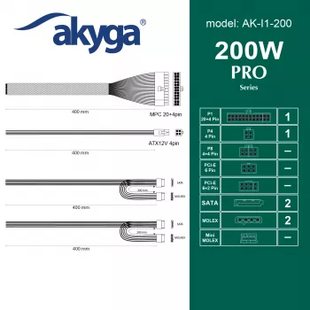 Alimentatore Flex-ATX Akyga AK-I1-200 200 W, PFC passivo, ventola 40 mm, grigio