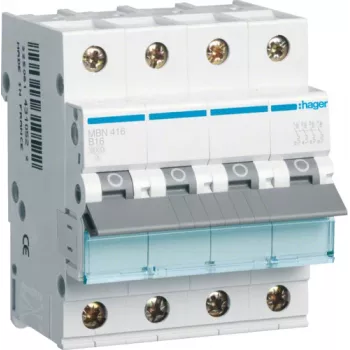 Hager MBN416. Corrente nominale: 16 A. Tipo: tipo B, numero di moduli (max.): 4 moduli. Larghezza: 70 mm, profondità: 70 mm, altezza: 83 mm (MBN416)