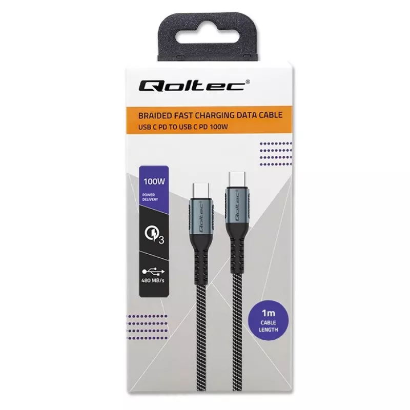 Cavo Qoltec USB 2.0 Type-C a USB 2.0 Type-C 100W QC 3.0 PD 1m nero