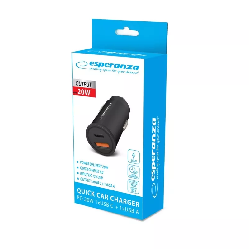 Caricabatterie USB da auto ESPERANZA EZC111K, 20W (USB-C PD 20W + USB-A QC3.0), ingresso 12–24V, nero