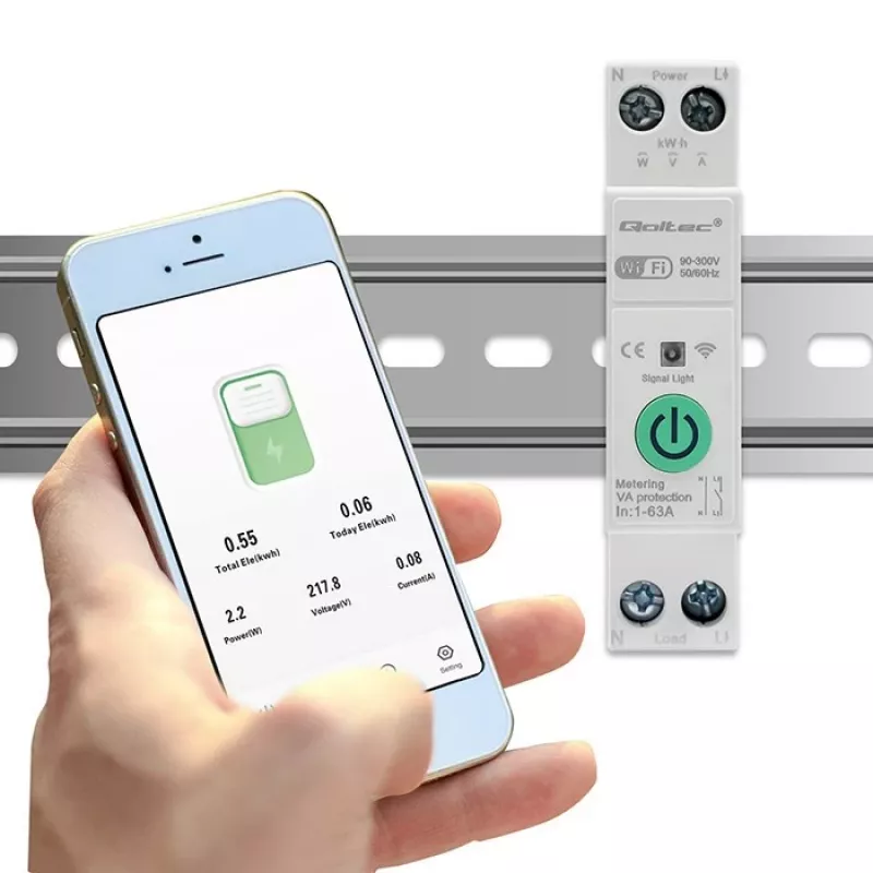 Relè Wi-Fi per guida DIN QOLTEC 50881 — relè commutatore di rete 63A per impianti elettrici