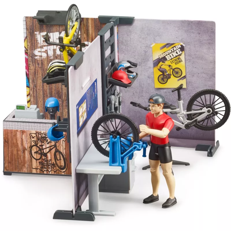 Negozio di biciclette giocattolo BRUDER 63120 set di gioco con officina e accessori