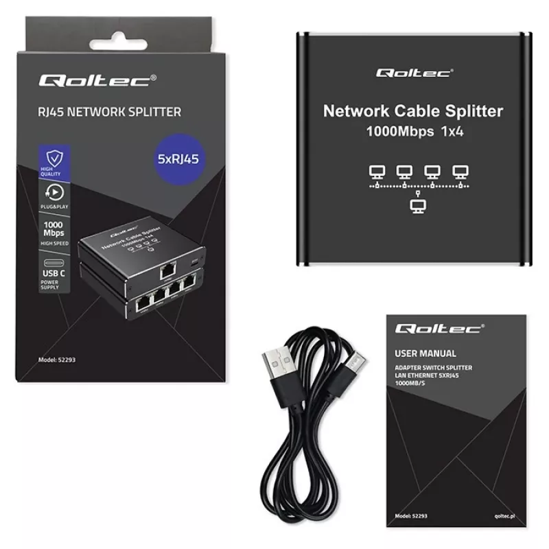 Mini switch Ethernet QOLTEC 52293 1x4 RJ45, splitter di rete unmanaged 1-in 4-out