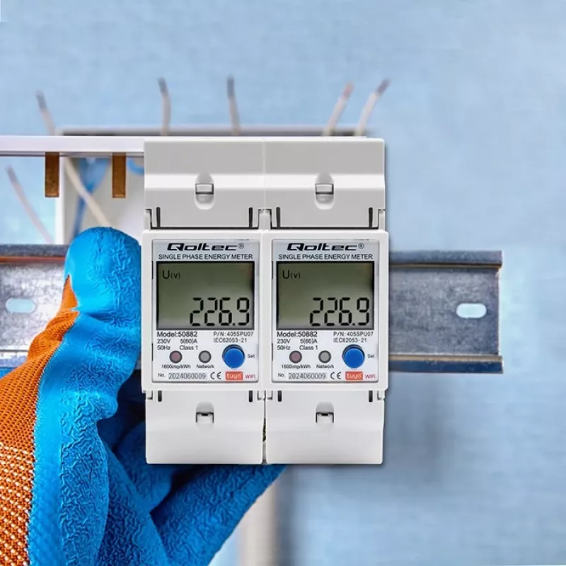 Qoltec 50882 contatore elettronico monofase del consumo energetico per guida DIN | Wi-Fi | TUYA | 230V | LCD