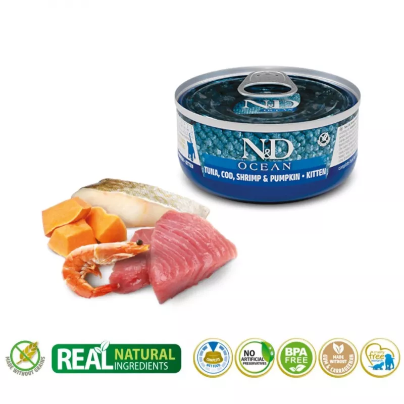 Cibo umido per gatti Farmina N&D Ocean Kitten tonno, merluzzo e gamberi con zucca 70 g lattina